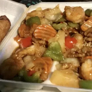 Walnut shrimp, fried rice, egg roll. Look at all the nice veggies and sauce.