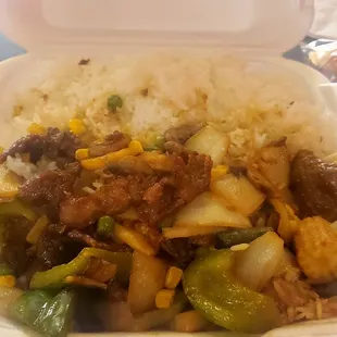 This is my take home portion of Hunan Beef, still so much steam you can barely see the dish. 5*