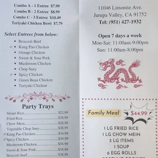 Family Meal, Combination Plates, and Party Trays