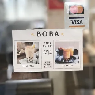 Milk Tea and Thai Tea
(Small) $3.50
(Large) $4.50

(+Boba) $0.75
