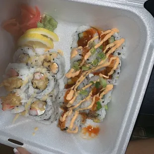 2 for 13$ sushi shrimp tempura and salmon