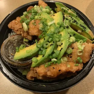 Crispy Chicken Avocado Bowl! Pretty good sized bowl! Comes with teriyaki sauce. I like to add ponzu