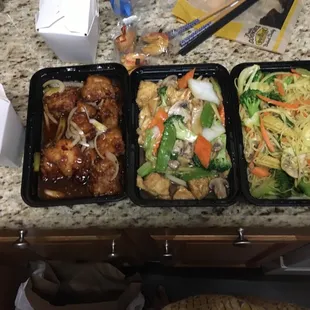 General Tso's Chicken, Bean Curd Home Style with fried rice, and Veggie Singapore Noodle