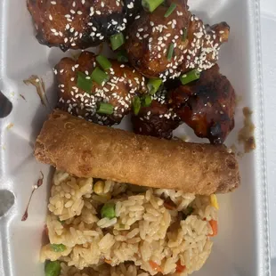 a meal in a styrofoam container