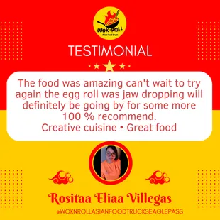 The food was amazing can't wait to try again the egg roll was jaw dropping will definitely be going by for some more 100 % recommended