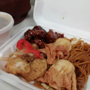 Lunch time... lomien + fish + general tsaos + crab puff