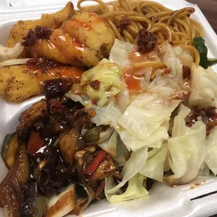 Szechuan Tofu and crispy fish with Lomein and stir fried veggies -- all for $9...good value!!