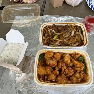 Orange Chicken, extra spicy  Mongolian Beef, cream cheese wontons.