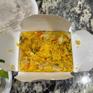 Chicken fried rice.... Flavorless... from a box maybe?? I dunno