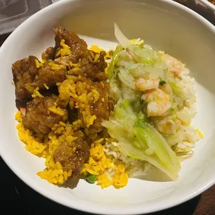 a bowl of food with rice and meat
