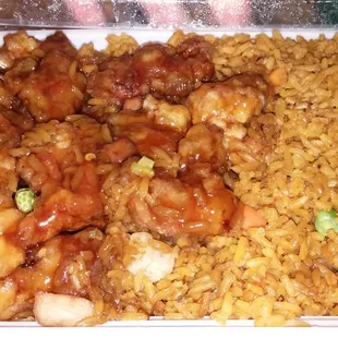 Honey chicken w/shrimp fried rice.. Yum!