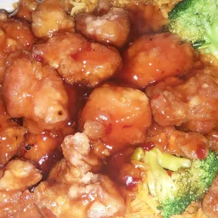 General tso chicken with shrimp fried rice, yummy, best they&apos;ve ever made for us