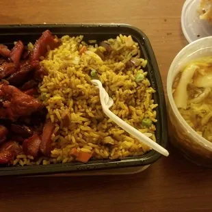 Boneless Spare Ribs Dinner Combination with  Roast Pork Egg Roll and Wonton Egg Drop Soup