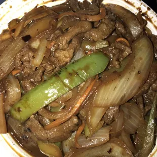 The spicy beef was good he said but no spice at all hardly