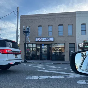 a car and a building