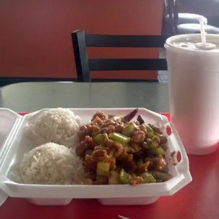 Kung pao chicken and sweet tea.  Though rice didn't taste Asian, it was cheap and decent. =)