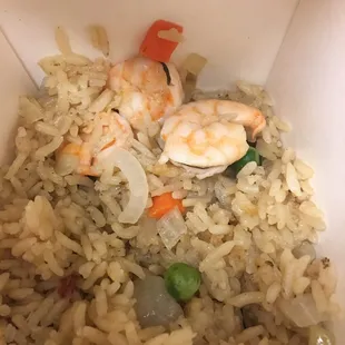 shrimp and rice in a container