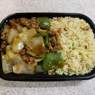 Beef with Peppers and Onions with Pork Fried Rice