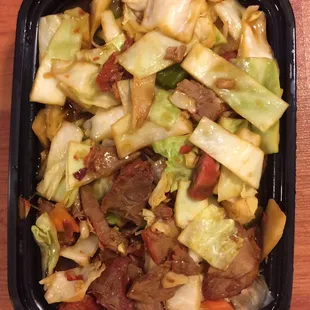 twice cooked pork. lots of meat hiding under lettuce slices. authentic, homestyle, delicious.