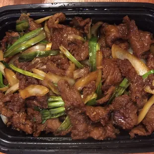 mongolian beef. just the right amount of sweetness. as you can see, lots of meat for less than $10 for dinner size.