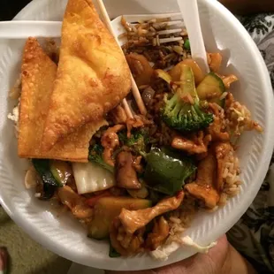 Hunan Chicken, chicken fried rice, and crab Rangoon&apos;s!