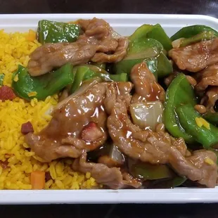 Pork Fried Rice &amp; Pepper Steak with Onion