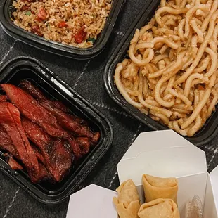 Teriyaki chicken udon, pork fried rice, spring rolls, boneless spare ribs