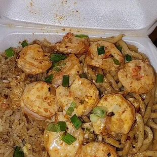 Bang Bang Shrimp with fried rice and garlic noodles   the best