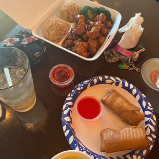 General Tso&apos;s Chicken lunch with Beef Egg Roll and Egg Drop Soup.