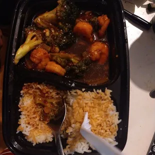 Lunch Special Spicy Garlic Shrimp he ate most of if