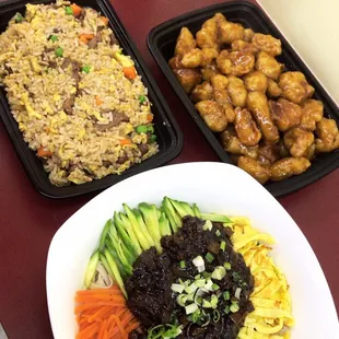 Beef fried rice. Jajangmyeon, honey garlic Chicken