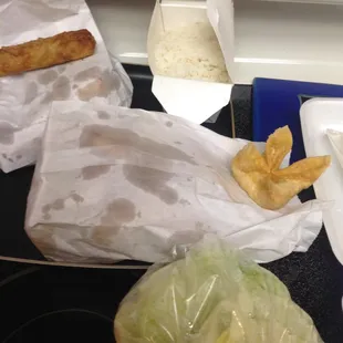 Greasy egg rolls and Greasy cheese rangoons.