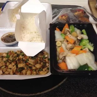 Lettuce wrap chicken filling and Triple Delight Veggie dish. Steamed rice.