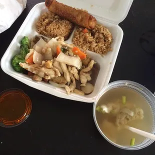 Chicken with vegetables, fried rice, egg roll and wonton soup!! Yum!!