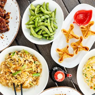 a variety of dishes on a table