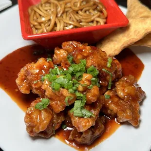 a plate of chinese food