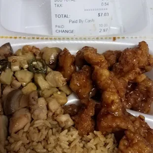 My 2-item plate $4.99 with general tso chicken, vegetable something chicken and fried rice.