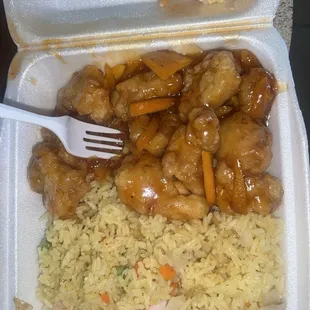 Orange Chicken with shrimp fried rice and a crab Rangoon