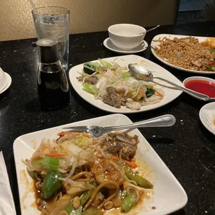 Kung pao shrimp dinner, beef and shrimp chop suey