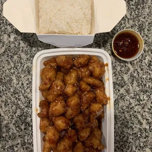 General Tso Chicken- comes with white rice. Chili oil on the side