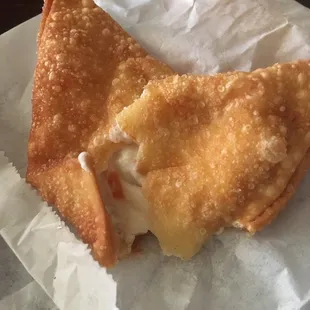 Crab Rangoon. Has chunks of crab in the cream cheese filling