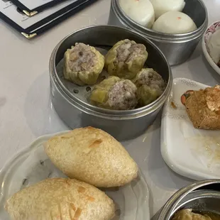 Golden egg bun, pork shu mai, fried shrimp pork dumplings