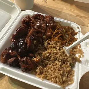 Mango chicken, Bourbon chicken, half fried rice and half lo mein - Yummy