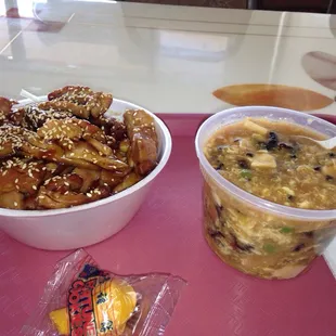 Teriyaki chicken and hot and sour soup, Wokee Express.