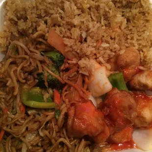 Sweet and sour chicken and beef chow mein