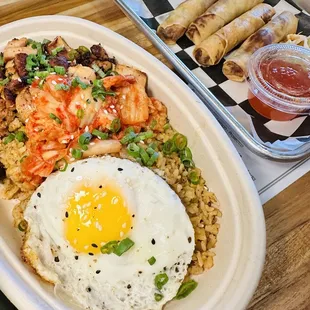 Wokk Fried Rice Bowl w/ Pork Belly and Brisket Eggrolls