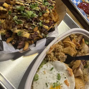 Brisket Fries and pork belly rice