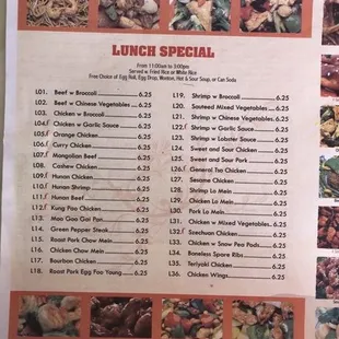 a menu for lunch special