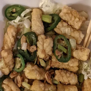 This is listed as an entree of fried squid with jalapenos on a bed of cabbage. This is basically an appetizer not worth $14.