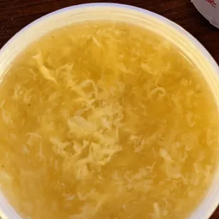 Egg drop soup with cabbage in it. Very bland but after adding some salt it was actually good